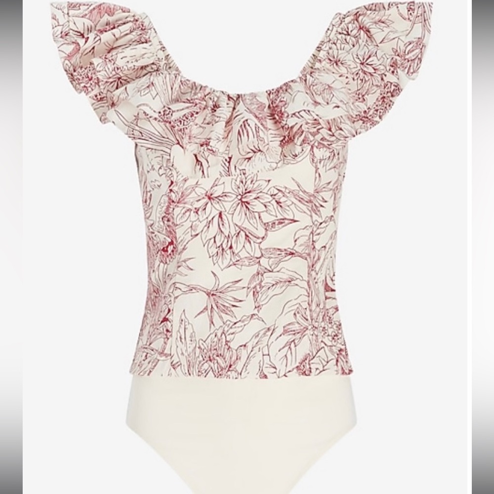 Express Floral Print Bodysuit - Cream and Red